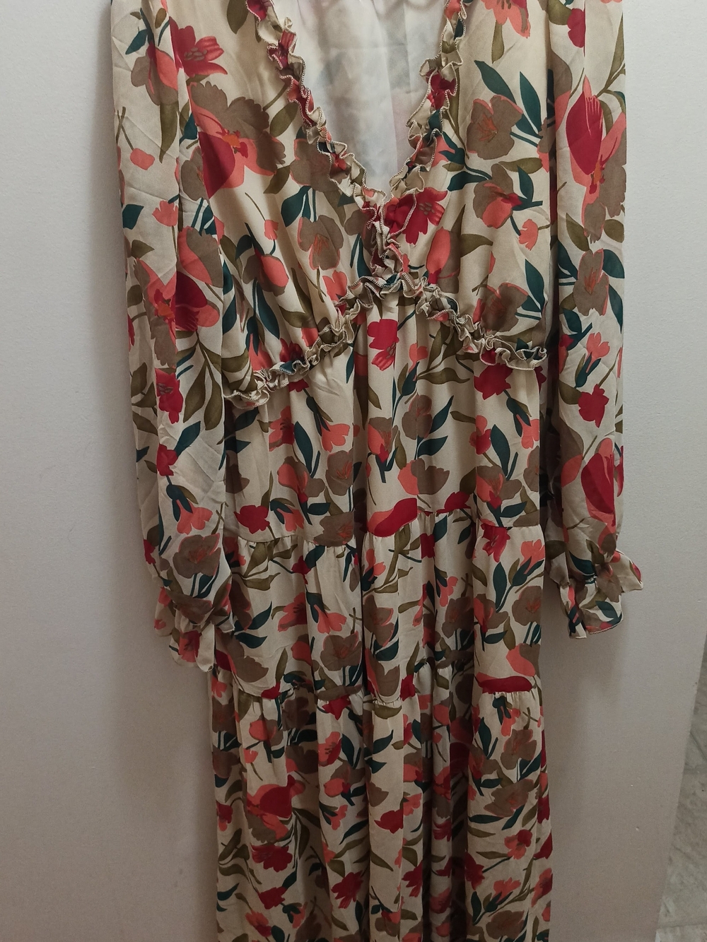 Floral V-Neck Long Sleeve Tiered Dress - Cream with Red & Green Floral